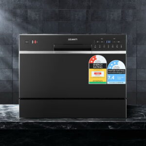 Devanti 6 place setting benchtop dishwasher in matte black finish on a kitchen counter