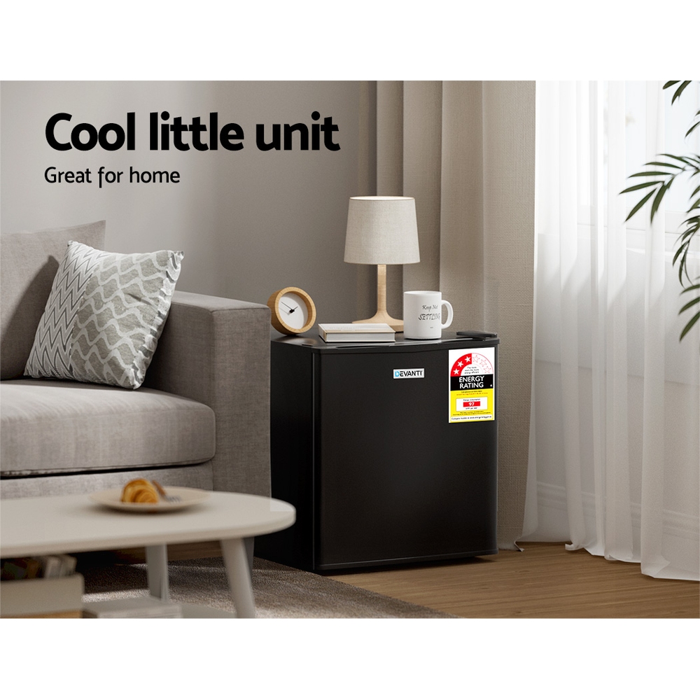Devanti 48L Portable Bar Fridge Black – Sumo Deals Compact Black Bar Fridge Positioned Under A Modern Home Bar Counter