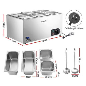 Devanti Commercial Food Warmer Bain Marie 4 Pan – Sumo Deals Internal View Of 1/3 And 1/6 Size Food Pans Inside Devanti Commercial Bain Marie