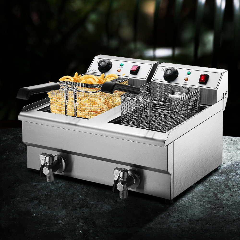 Devanti 20L Commercial Deep Fryer Double Basket 6000W – Sumo Deals Devanti 20L Commercial Deep Fryer With Double Baskets And Front Oil Drainage Taps
