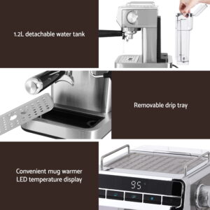 Illuminated Front Led Temperature Display Screen On Devanti 20 Bar Coffee Machine Espresso Cafe Maker