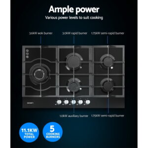 3.6Kw Wok Burner Hob Detail On Devanti Gas Cooktop 90Cm 5 Burner Black