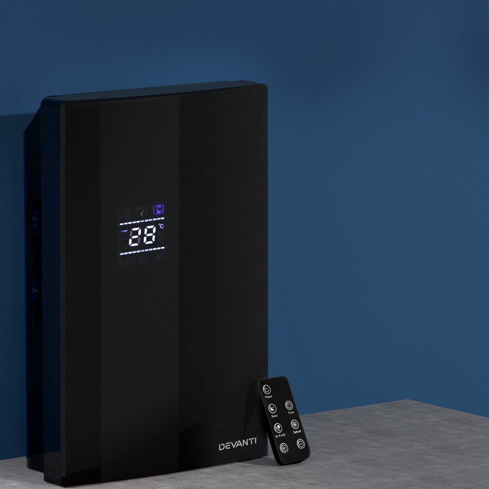 Devanti Dehumidifier - Heavy Duty | 2L Black – Sumo Deals Portable Devanti Heavy-Duty Dehumidifier Placed On A Table In A Modern Bedroom To Prevent Mould And Condensation.