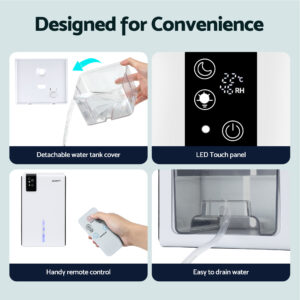 Removable 2L Water Tank And Continuous Drainage Hose Port On A White Dehumidifier