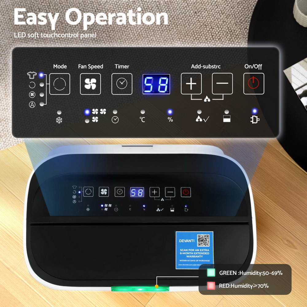 Devanti 20L Dehumidifier Air Purifier White – Sumo Deals Soft Touch Control Panel With 3 Colour Humidity Indicator Light On Dehumidifier