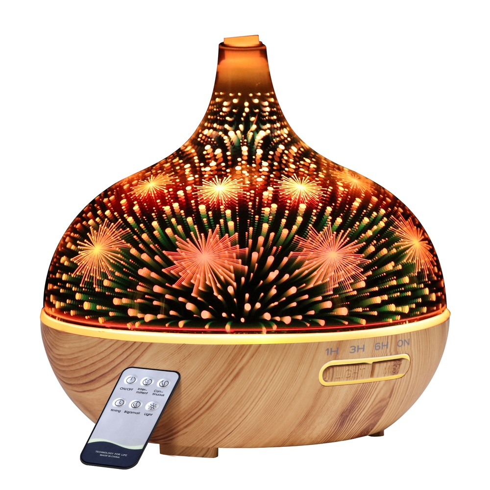 Devanti 400Ml 3D Glass Aroma Diffuser Light Wood – Sumo Deals Devanti Glass Aroma Diffuser Showing Glowing 3D Fireworks Lighting Effect