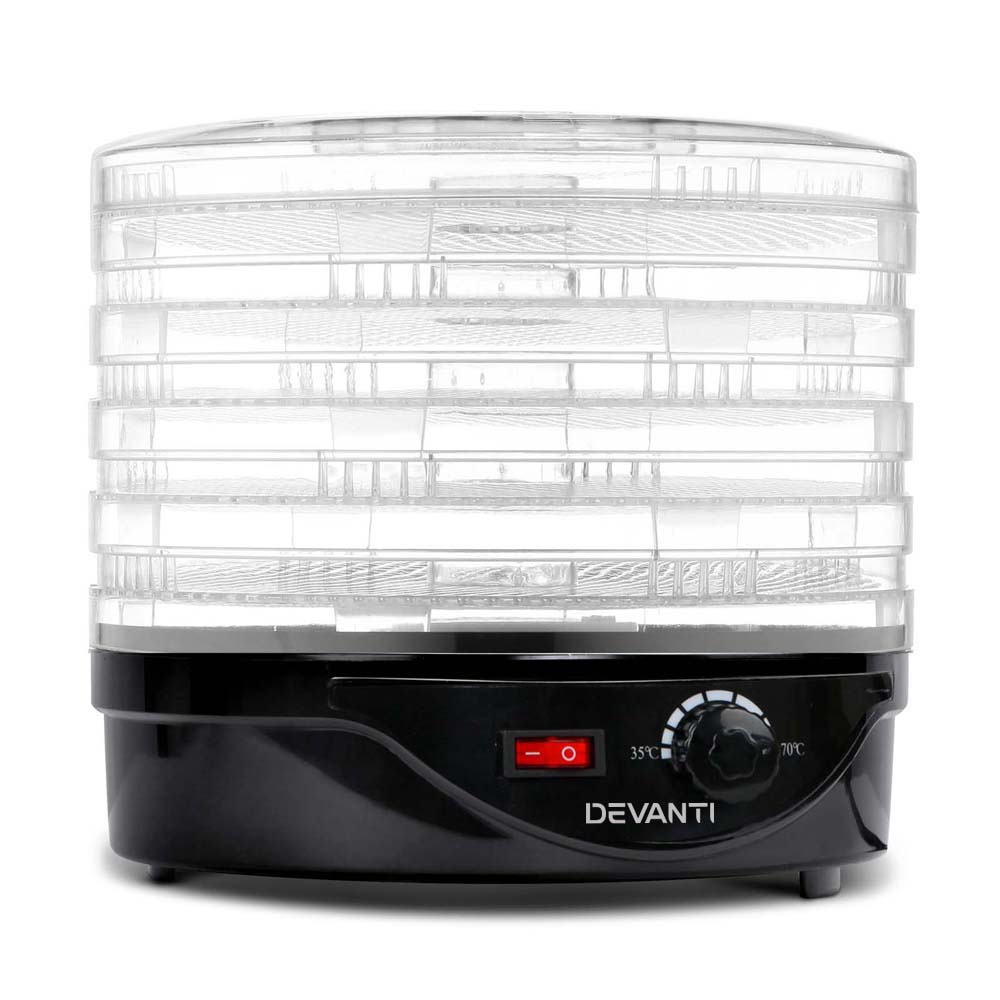 Devanti 5 Tray Food Dehydrator In Black – Sumo Deals Black Devanti 5 Tray Food Dehydrator On A Kitchen Benchtop
