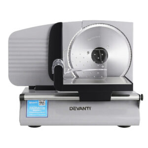 Devanti 200W Electric Food Slicer in silver finish with stainless steel blade visible
