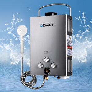 Devanti Portable Gas Water Heater With Pump LPG System Grey tankless chassis front view