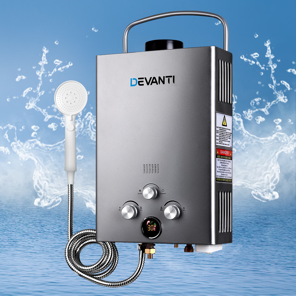 Devanti Portable Gas Water Heater With 12V Pressure Pump – Sumo Deals Devanti Portable Gas Water Heater With Pump Lpg System Grey Tankless Chassis Front View