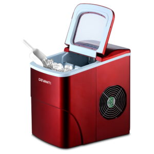 Devanti Portable Ice Cube Maker Machine 2L Red – Sumo Deals Open Lid Of Ice Maker Showing Removable Basket And Bullet Ice Cubes