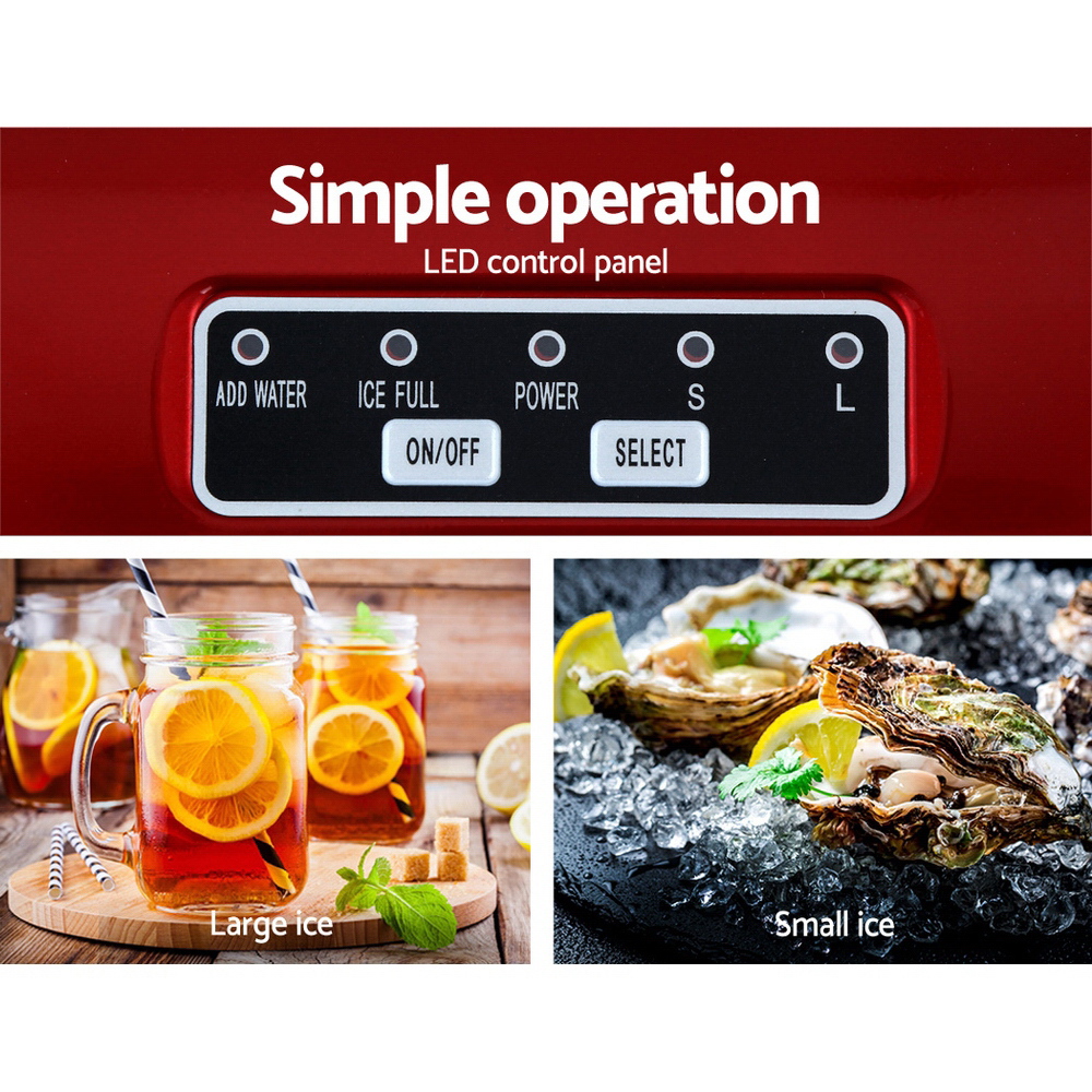 Devanti Portable Ice Cube Maker Machine 2L Red – Sumo Deals Close-Up Of Digital Control Panel And Clear Window On Ice Maker