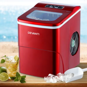 Devanti Portable Ice Cube Maker Machine 2L in gloss red finish