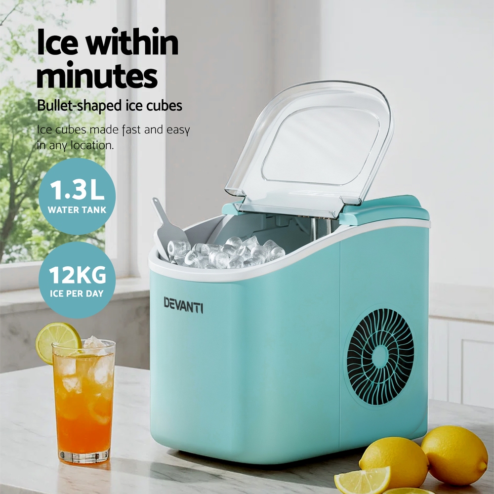 Devanti 12Kg Portable Ice Maker Machine With Self Cleaning Green – Sumo Deals Open Lid View Of The Green Devanti Ice Maker Showing Fresh Bullet Ice Cubes Inside The White Basket