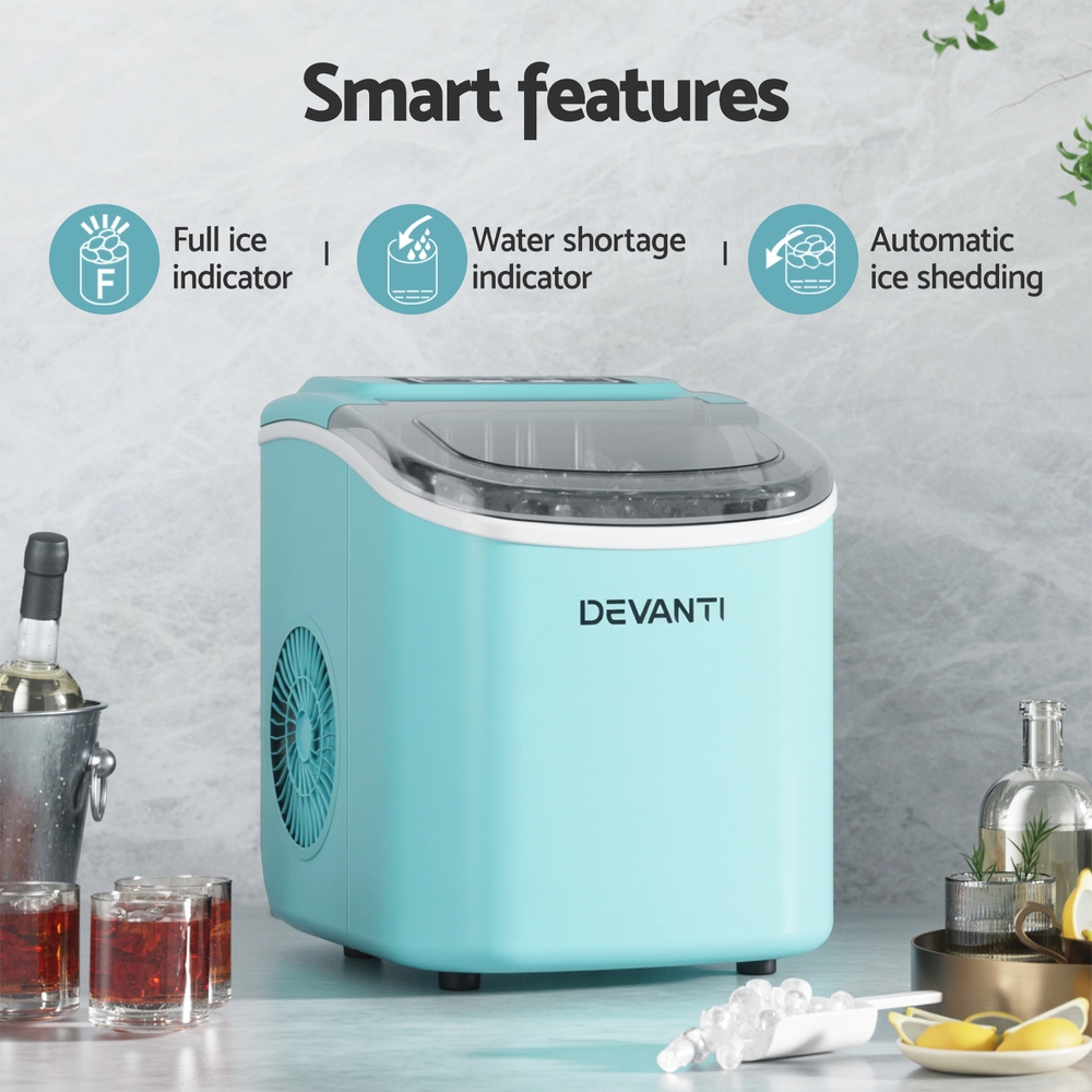 Devanti 12Kg Portable Ice Maker Machine With Self Cleaning Green – Sumo Deals Close-Up Of The Front User Interface Buttons And Indicator Lights On The Green Ice Machine