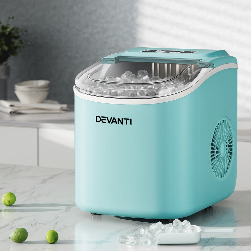 Devanti 12Kg Portable Ice Maker Machine With Self Cleaning Green – Sumo Deals Devanti 12Kg Portable Ice Maker Machine In Premium Green Finish On A Countertop