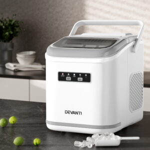 White Devanti portable countertop ice maker machine showing closed lid top view