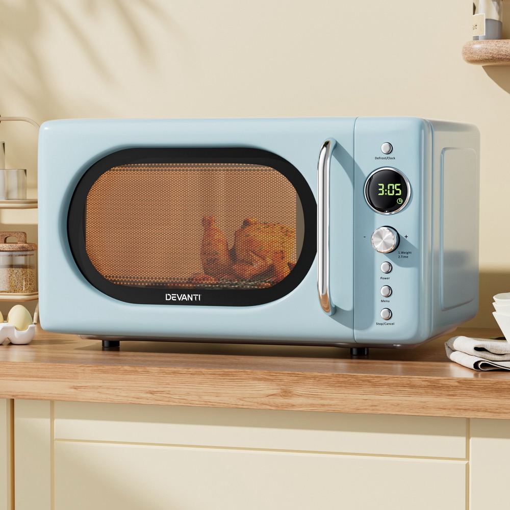 Devanti 20L Digital Microwave Oven 700W Blue – Sumo Deals Devanti 20L Retro Blue Digital Microwave Oven Sitting On A Kitchen Countertop