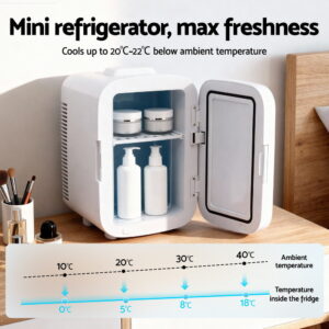 Open Mini Fridge Interior Displaying Cosmetic Serums Face Creams And Removable Plastic Shelf