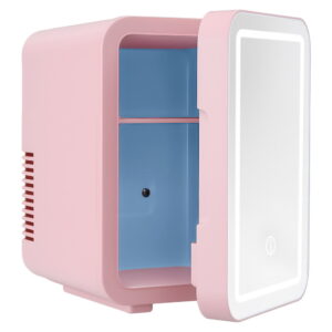 Glacio Skincare Mini Fridge with LED Mirror Pink 4L personal cosmetic cooler front view