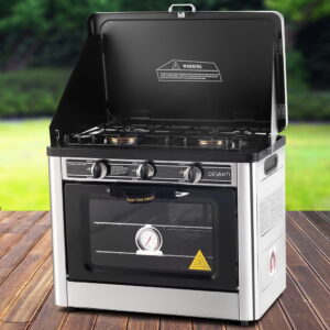Devanti Portable Gas Oven LPG Silver with Two Burner Top Hob Cooker