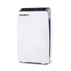 Devanti Air Purifier 4 Stage HEPA Filter in white showcasing sleek front control panel