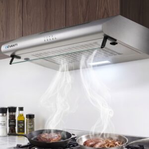 Devanti 600mm Range Hood 60cm in stainless steel with glass visor.