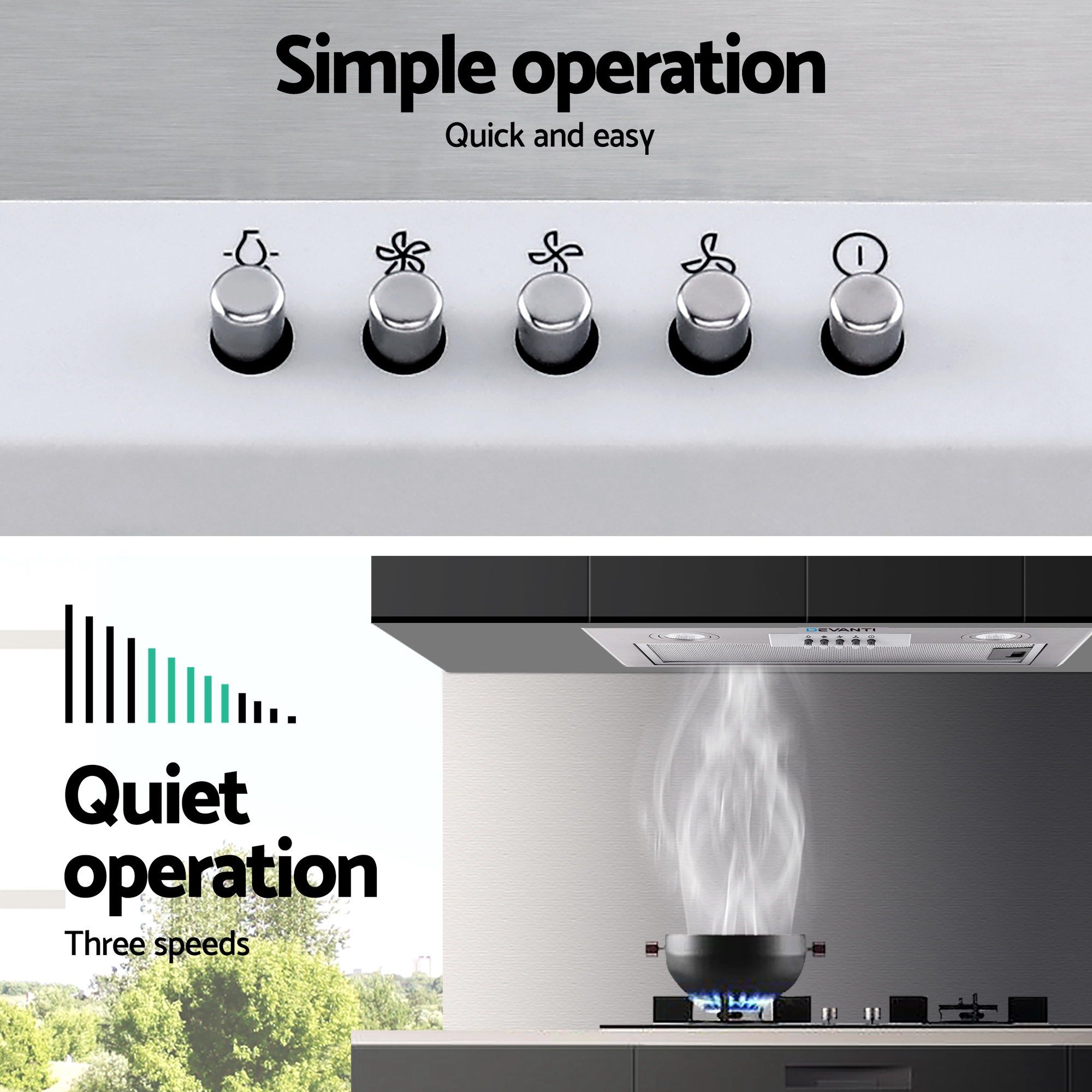 Devanti 520Mm Undermount Stainless Steel Range Hood – Sumo Deals Close Up Of The Dual Led Light Pods And 3 Speed Mechanical Push Button Switch Panel
