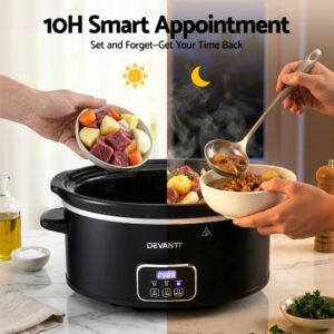 Devanti 5.6L Slow Cooker Electric Multi Cooker Pot 230W Black – Sumo Deals Close-Up Of The High Low And Warm Mechanical Temperature Dial On Devanti 5.6L Slow Cooker Electric Multi Cooker Pot