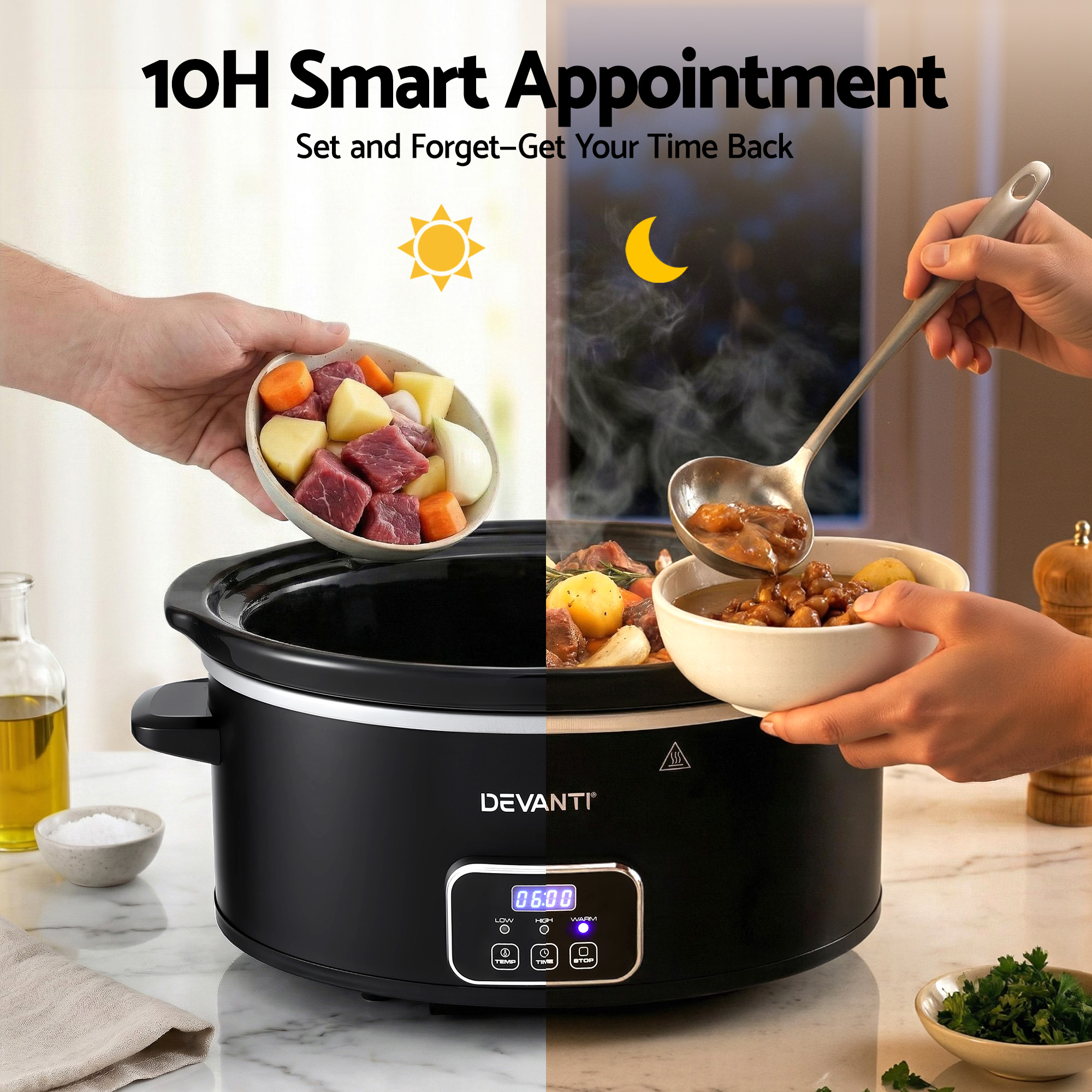 Devanti 5.6L Slow Cooker Electric Multi Cooker Pot 230W Black – Sumo Deals Close-Up Of The High Low And Warm Mechanical Temperature Dial On Devanti 5.6L Slow Cooker Electric Multi Cooker Pot