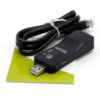 Black Smart TV LAN adapter wireless Wi-Fi dongle with adjacent RJ-45 Ethernet cable