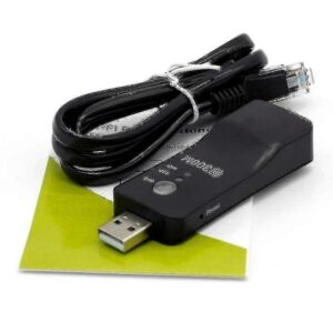Black Smart TV LAN adapter wireless Wi-Fi dongle with adjacent RJ-45 Ethernet cable