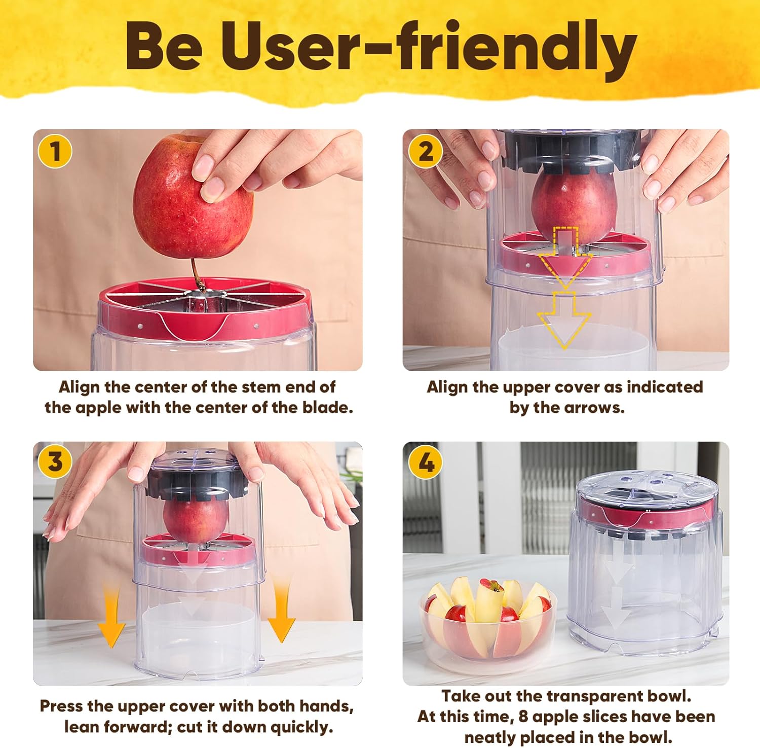 5.12 Inch Stainless Steel Apple Slicer With Base Bowl – Sumo Deals Cutting A Green Apple Safely With A Stainless Steel Apple Slicer Into A Bowl