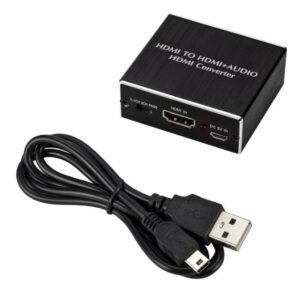 The Mini 4K Audio Splitter Module Displayed Neatly Alongside Its Usb Power Cable And Printed User Instruction Manual.