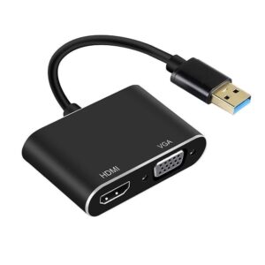 Sleek metallic USB 3.0 to HDMI VGA Dual Display Adapter Converter with short connection pigtail wire.