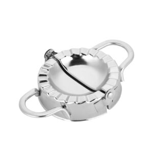 Large Stainless Steel Dumpling Maker Mold resting open to showcase the crimping edge and interior well.