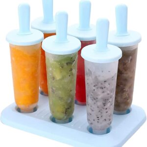 Six multi-colored Plastic Popsicle Molds sitting evenly inside a sturdy holding base