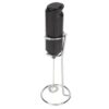 Stainless steel handheld milk frother resting on its matching silver bracket stand