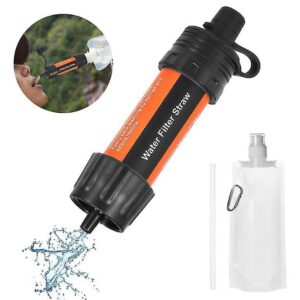 Green emergency portable water filter straw showing its compact cylindrical body
