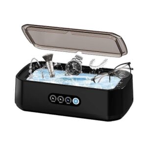 Front view of the white 650ml portable ultrasonic jewellery cleaner machine on a bathroom counter.