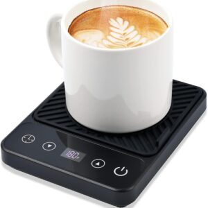 Black Smart Coffee Mug Warmer with digital temperature screen lit up on desk