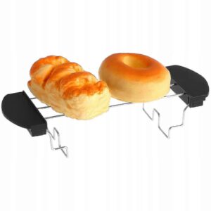 Pastries warming on top of a stainless steel toaster rack