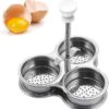 Stainless Steel Egg Poacher with three empty cups and a spring handle