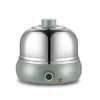 Green 9-egg stainless steel electric cooker with clear dome lid on a kitchen bench