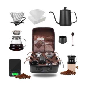 Pour Over Coffee Maker Set Manual Brewing Kit With Box – Sumo Deals Black Digital Kitchen Coffee Scale Displaying Weight And Extraction Time Under A Glass Server Pot