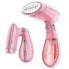 High-power folding handheld garment steamer in an upright standing profile