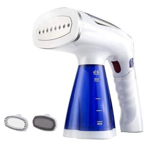 1600W handheld garment steamer in white and blue standing upright
