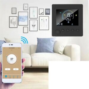 K1M Wifi Smart Thermostat Electric Floor Heating Controller – Sumo Deals Mobile Smartphone Displaying Graffiti App Control Connection To The Black Smart Thermostat