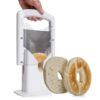 White Bagel Slicer Kitchen Baking Tool Showing The Guillotine Handle Unextended Inside The Safety Frame.