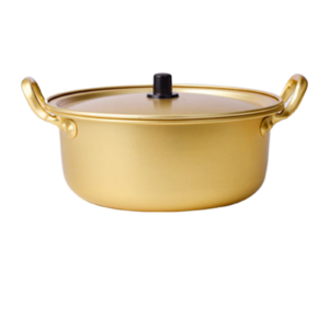 Small 16cm gold-toned Aluminium Instant Noodle Pot shown upright with its matching lid on.